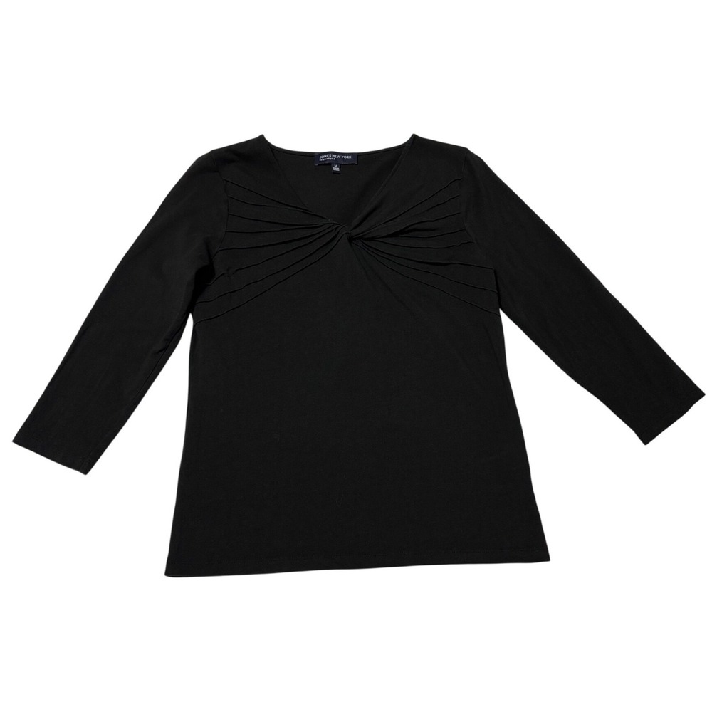 Jones New York Signature Blouse Black V-Neck Pleated Knot Front 3/4 Sleeve M